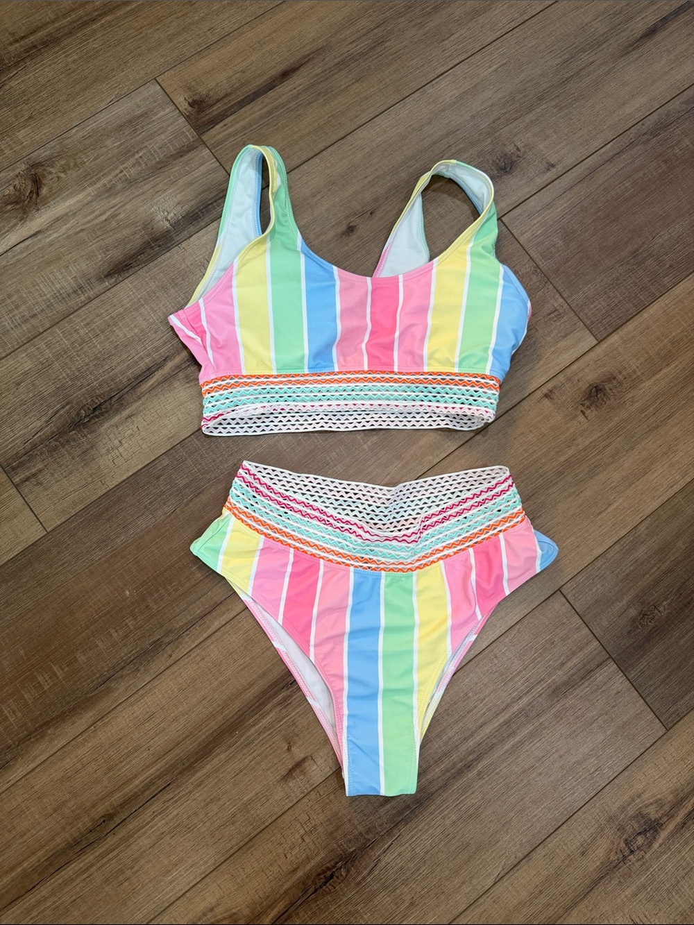 SHEIN Pastel Rainbow Striped Crochet-Trim Bikini